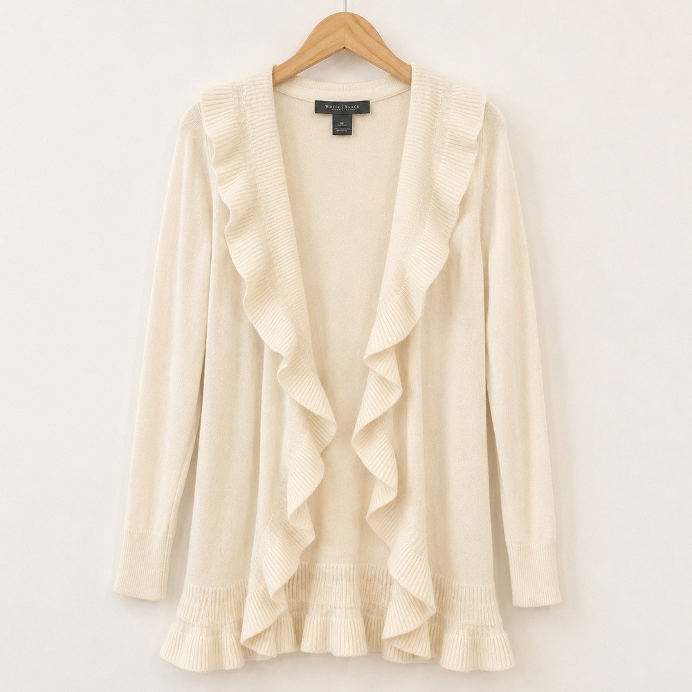 NWT White House Black Market Coquette Ruffle Cardigan Womens XL Cream Wool Blend